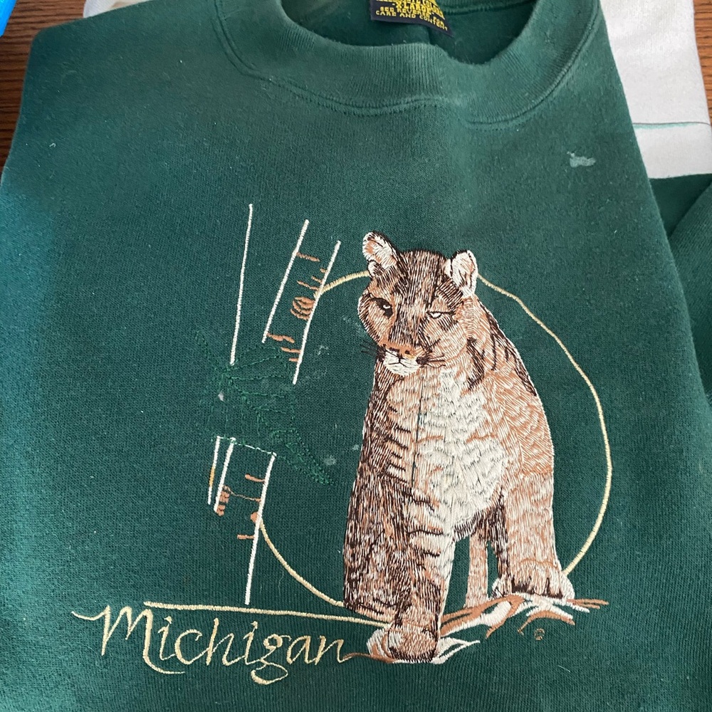 Vintage Green Michigan Sweatshirt with Embroidered Cougar